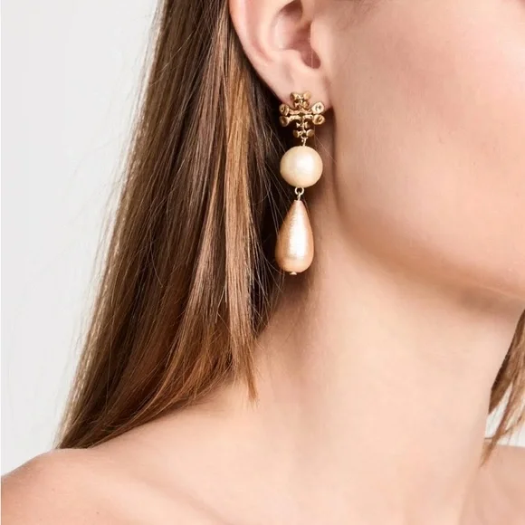 Tory Burch Brutalist Double-Drop Earrings - Antique Light Brass - Picture 2 of 6